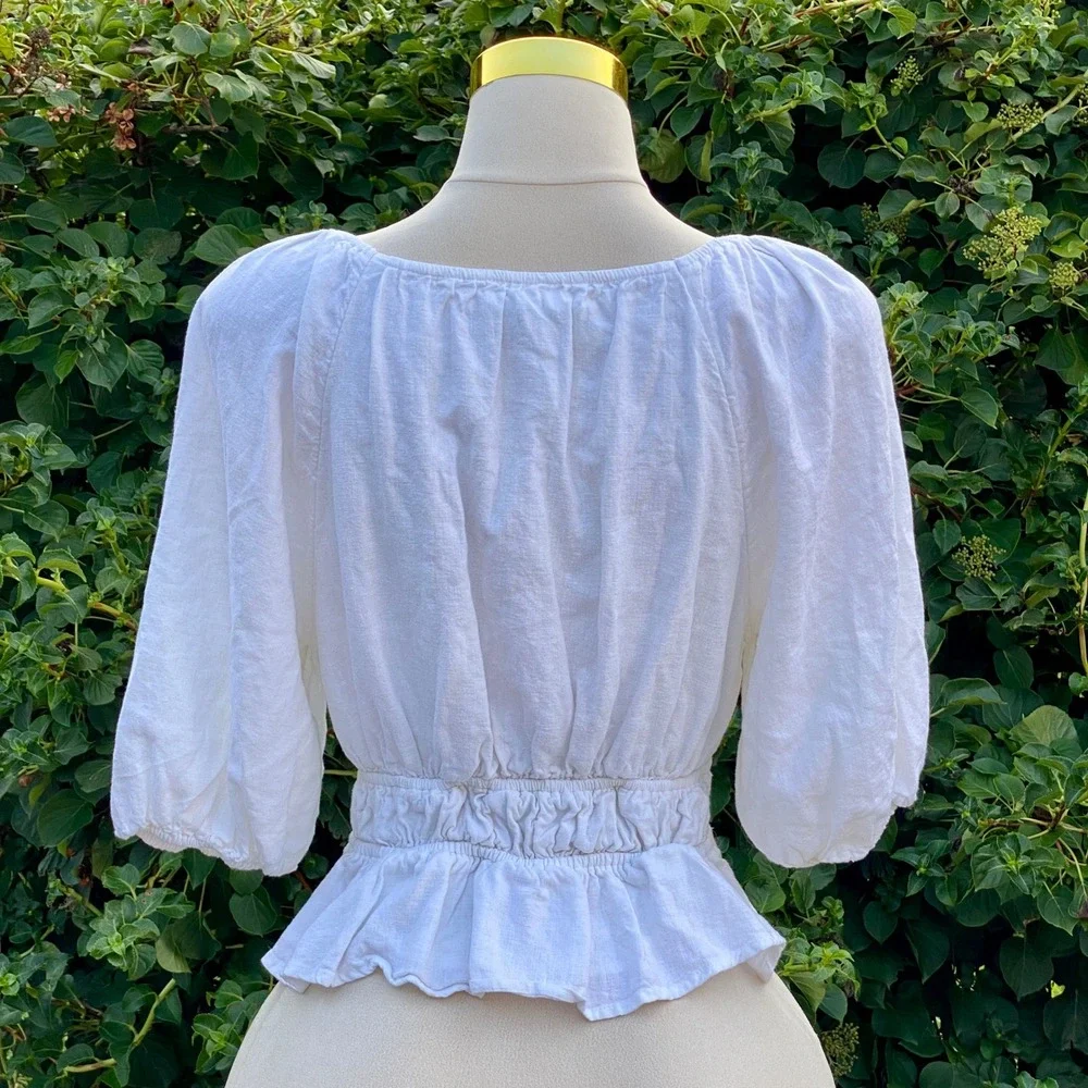 Abercrombie & Fitch Boho White Linen Blend Peplum Top Puff Sleeve Ruched - Large